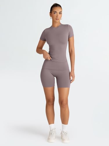 Women's 2-Piece Workout Short Set - Summer Activewear, Coffee Grey, Small