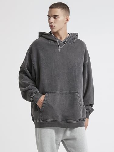 X-Large Mens Oversized Acid Wash Hoodie Cotton Pullover Streetwear Grey