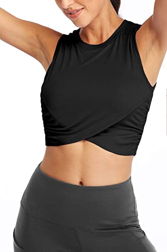 Cross Front Workout Crop Tops for Women Fitted - Small Black