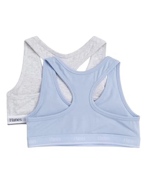 Hanes Girls' Cotton Racerback Sports Bra 2-Pack, Chambray Blue/Heather Gray, Large