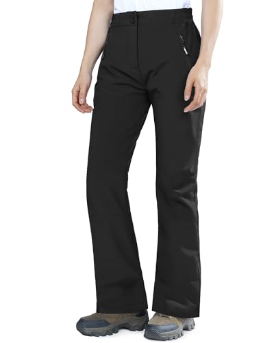 Women's Waterproof Fleece-Lined Ski Snow Hiking Pants - Black, 10 Short, Elastic Waistband