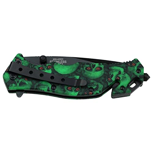 Master USA Spring Assist Folding Knife - Green Skull Camo Handle, Rescue Utility