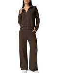 Women's Cotton 2 Piece Sweatshirt & Wide Leg Pants Tracksuit Set - Large / Brown