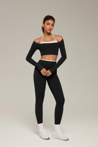 Layered Workout Sets for Women with Pockets Halter Pilates Gym Set - Black Medium