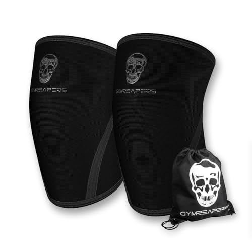 Gymreapers Knee Sleeves Large Black/Black 7MM Support Compression Brace for Squats & Powerlifting
