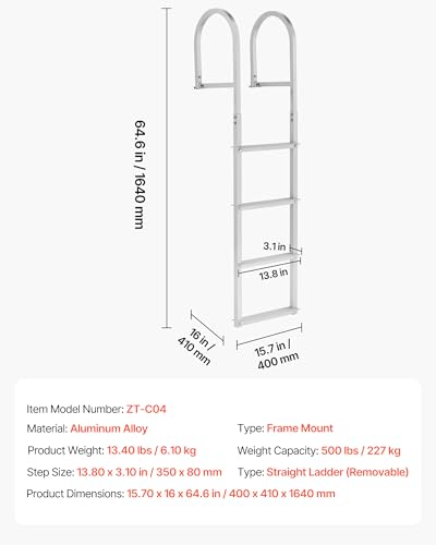 Removable Dock Ladder 4 Steps - Aluminum Alloy Boat & Pool Swim Ladder with Non-Slip Wide Steps, 500 lbs Capacity, Quick Release