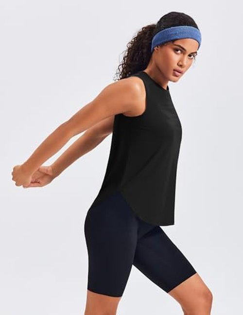 PINSPARK Women Workout Tank Tops with Back Pleat Soft Ice Silk Sleeveless Yoga Muscle Fitness Shirts Stretch Athletic Running Gym Activewear, Black S