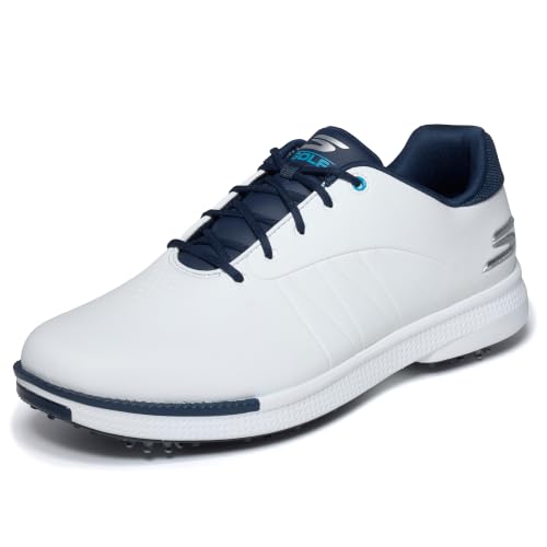 Waterproof Golf Shoes for Men - Skechers Tempo Spiked Golf Shoe White Navy 10