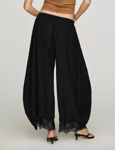 X-Large Lace Cropped Pants for Women Summer Casual Wide Leg Beach Trousers Black