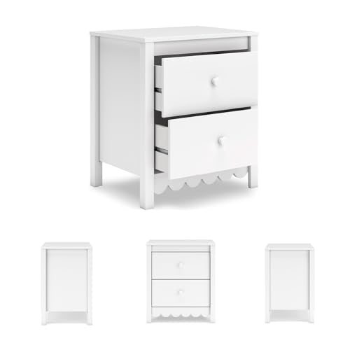 White Ashley Hallityn Nightstand with 2 Drawers, Scalloped Cottage Style
