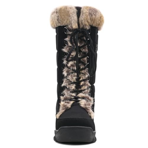 Women's Black Winter Snow Boots with Fur Cuff - Waterproof Mid-Calf Lace-Ups - Variation: Brown Fur