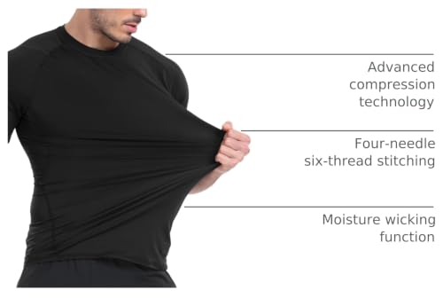 Men's Compression Shirts Short Sleeve Baselayer Workout Tee - Large 5 Pack Black