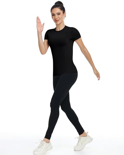Runhit Women's Short Sleeve Compression Workout Top – UPF 50+ Quick Dry Gym Shirt, Medium, Black