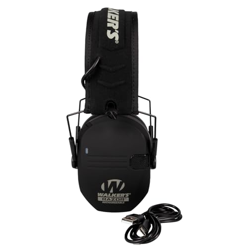 WALKER'S Razor Rechargeable Electronic Muff - HD Speakers 21dB NRR Compact Collapsible Hunting Shooting Hearing Protection Earmuffs, USB Charging Cable Included, Black