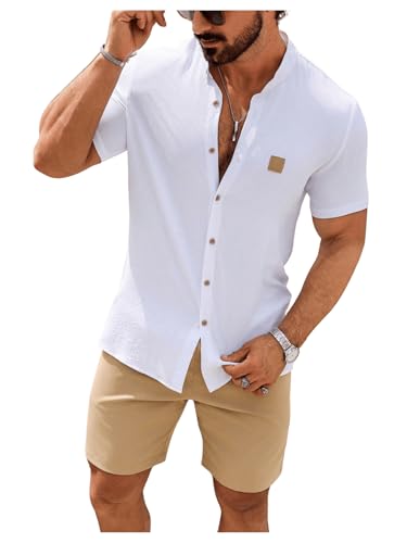 SOLY HUX Men's Summer 2-Piece Short Set Casual Beach Outfit Large White & Khaki
