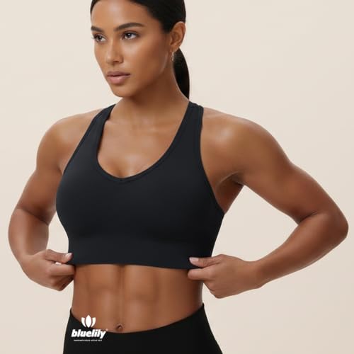 High Support Sports Bras for Women 3 Pack - Large Black Red Mint-green - Seamless Padded V Neck Racerback Yoga