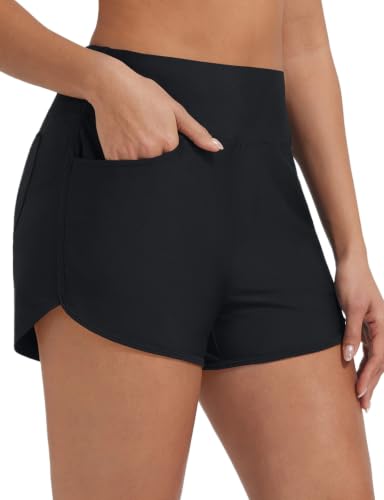 Women's 3-Inch Swim Shorts with Velcro Pockets - Medium Black
