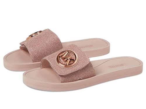Michael Kors Women's Glitter Rose Gold MK Charm Slide Sandal - 8