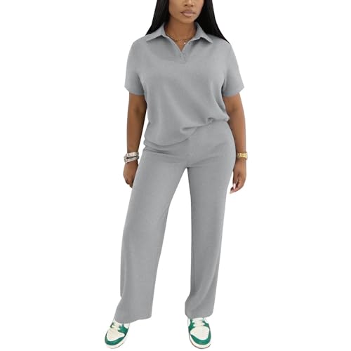Women's 2 Piece Lounge Sets Polo Shirt & Wide Leg Pants, Grey, Small