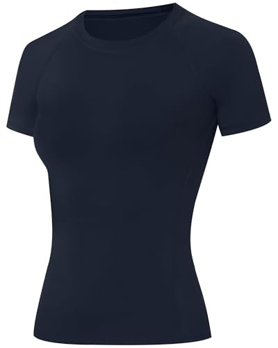 Runhit Women's Short Sleeve Compression Workout Shirt Medium Navy - Athletic Gym Base Layer