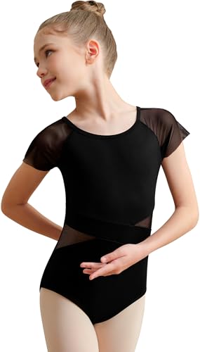 Girls Black Mesh Leotard Short Sleeve for 6-8 Years - Hollow Back Dance Wear
