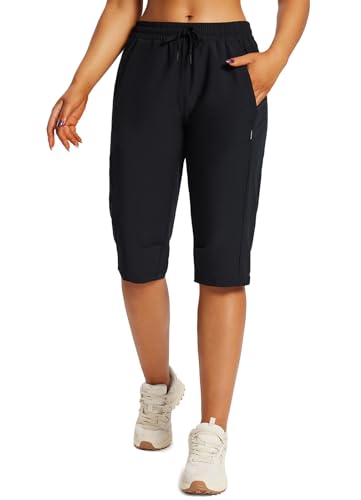 Baleaf Women's Hiking Shorts Below Knee Quick Dry Capris - Large Black