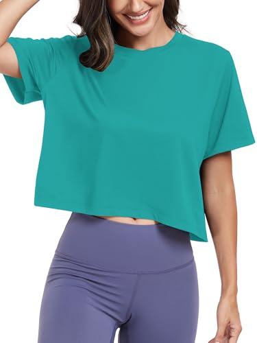 KevaMolly Women's Athletic Crop Top - Medium Z Teal Workout T-Shirt