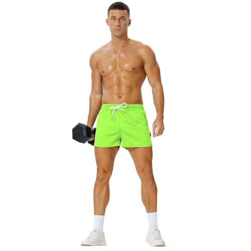 Men's Mesh Running Shorts 3 Inch Quick Dry Gym Shorts with Pockets - Large Neongreen