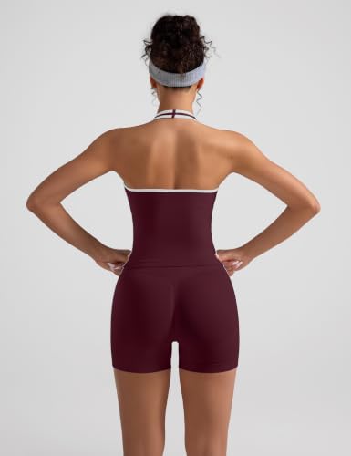 Women’s Workout Sets 2 Piece Halter Crop Top & Scrunch Butt Shorts - Plum Medium