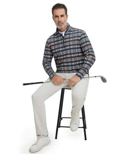 Men's Quarter Zip Golf Pullover - Dry Fit Long Sleeve Performance Wicking Full Print XX-Large Blue White Yellow Plaid
