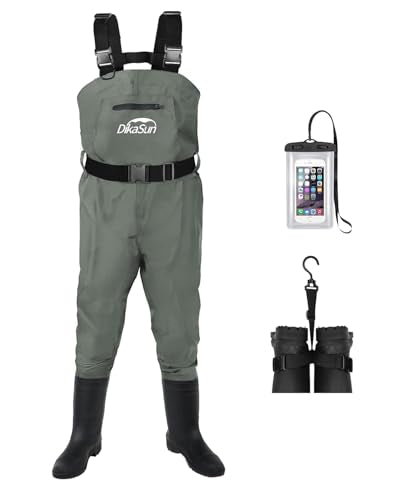 Men & Women Waterproof Fishing Waders - Grey, US M9/W11, 2-Ply Nylon PVC Chest Waders with Boots