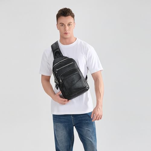 LANNSYNE Black Leather Crossbody Bag for 12.9 Inch iPad - Casual Sling for Men