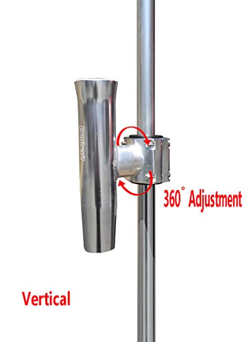 Vertical & Horizontal Adjustable Boat T-Top Rod Holder Clamp-On - Silver Aluminum, Degree Rotatable - Fits 1-2 Inch Pipes