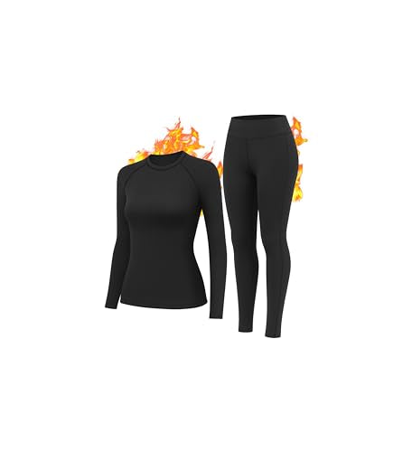 Women’s Thermal Underwear Set Fleece-Lined Long Johns Black Small