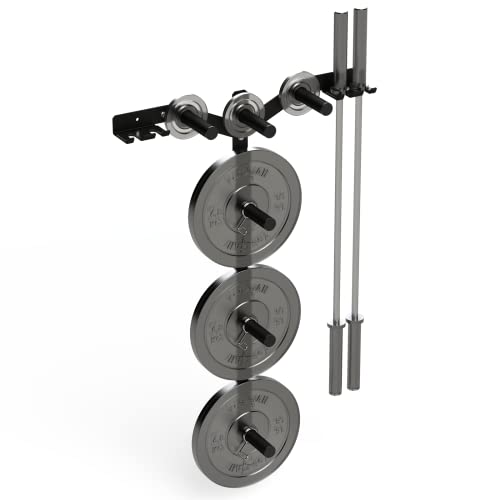 Wall Mounted Weight Plate Rack & Barbell Holder - Heavy Duty Steel, Black (Yes4All 6 Pegs & 4 Barbell Storage, Load up to 1190 lbs) - A. Black