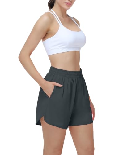Women's Athletic Running Shorts with Pockets - 3 Pack, Medium, Black Gray Pink