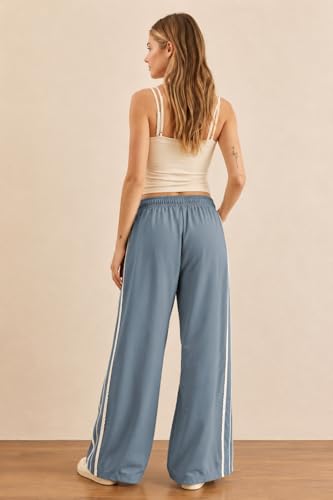 Large Dusty Blue Stripe Lace Trim Wide Leg Sweatpants for Women - Drawstring Activewear