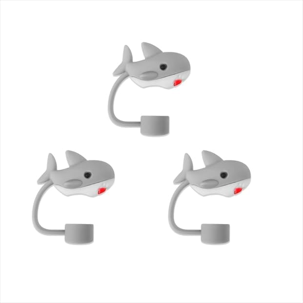 Skiennix Gray Shark Straw Toppers - Reusable Silicone Covers for Stanley 30 & 40 Oz Tumblers | Dust Proof Design