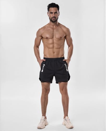 Men's 2-in-1 Running Shorts 5 Inch Gym Athletic Workout Shorts with Liner, Quick Dry, Zipper Pockets, 3-Pack - Black, Dark Grey, Light Grey