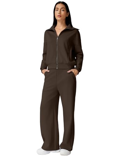 Women's Cotton 2 Piece Sweatshirt & Wide Leg Pants Tracksuit Set - Large / Brown