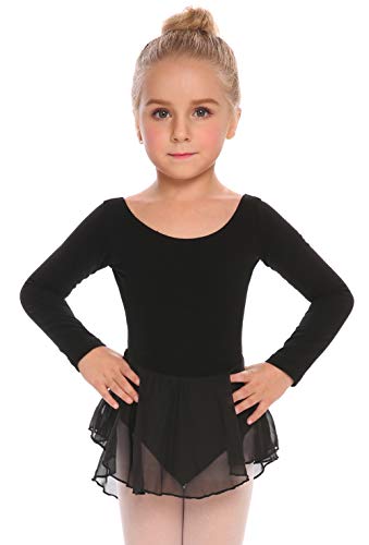 Kids Girls Long Sleeve Ballet Leotard Dance Dress Black 2-3T - Arshiner