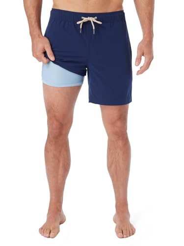 Fair Harbor Bayberry Men's Navy Seersucker Swim Trunks - 7-inch Inseam, Anti-Chafe, Classic Fit, Large