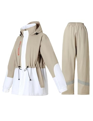 Women’s Waterproof Rain Suit Hooded Rain Jacket and Pants - Medium Khaki