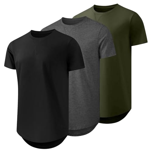 Mens T Shirt Longline Crewneck Hip Hop Casual Short Sleeve Large 3-Color/Dark Gray/Army Green