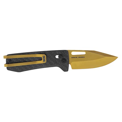 SOG Ultra XR Folding Knife Carbon & Gold - Slim Titanium Pocket & Money Clip - CPM S35VN Steel