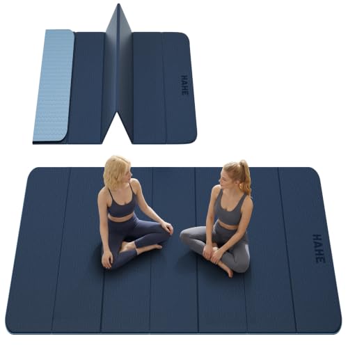 Extra Wide Fitness Exercise Mat 75x40 Inch, Foldable Non-Slip TPE Workout Mat - Navy Blue & Mist Blue