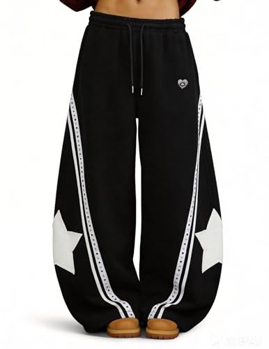 Medium Black Star Graphic Baggy Sweatpants for Women & Men - Wide Leg Lounge Pants