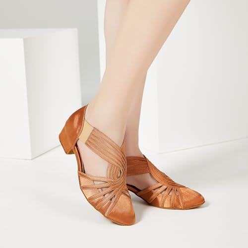 Women Latin Ballroom Salsa Dance Shoes - Closed Toe, Suede Sole, Tan 11