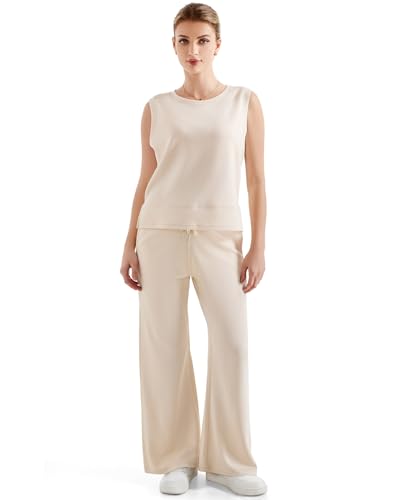 Women’s 2-Piece Lounge Set - Wide Leg Sweatpants & Sleeveless Top, Medium Apricot