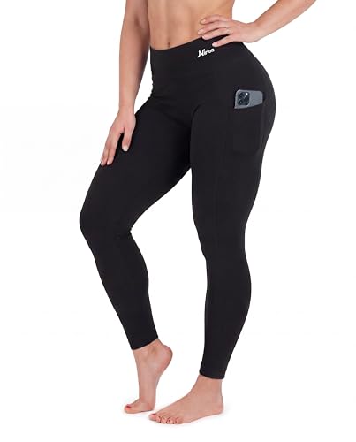 High Waist Cotton Leggings for Women Tummy Control 27 Inch Inseam Black Pockets